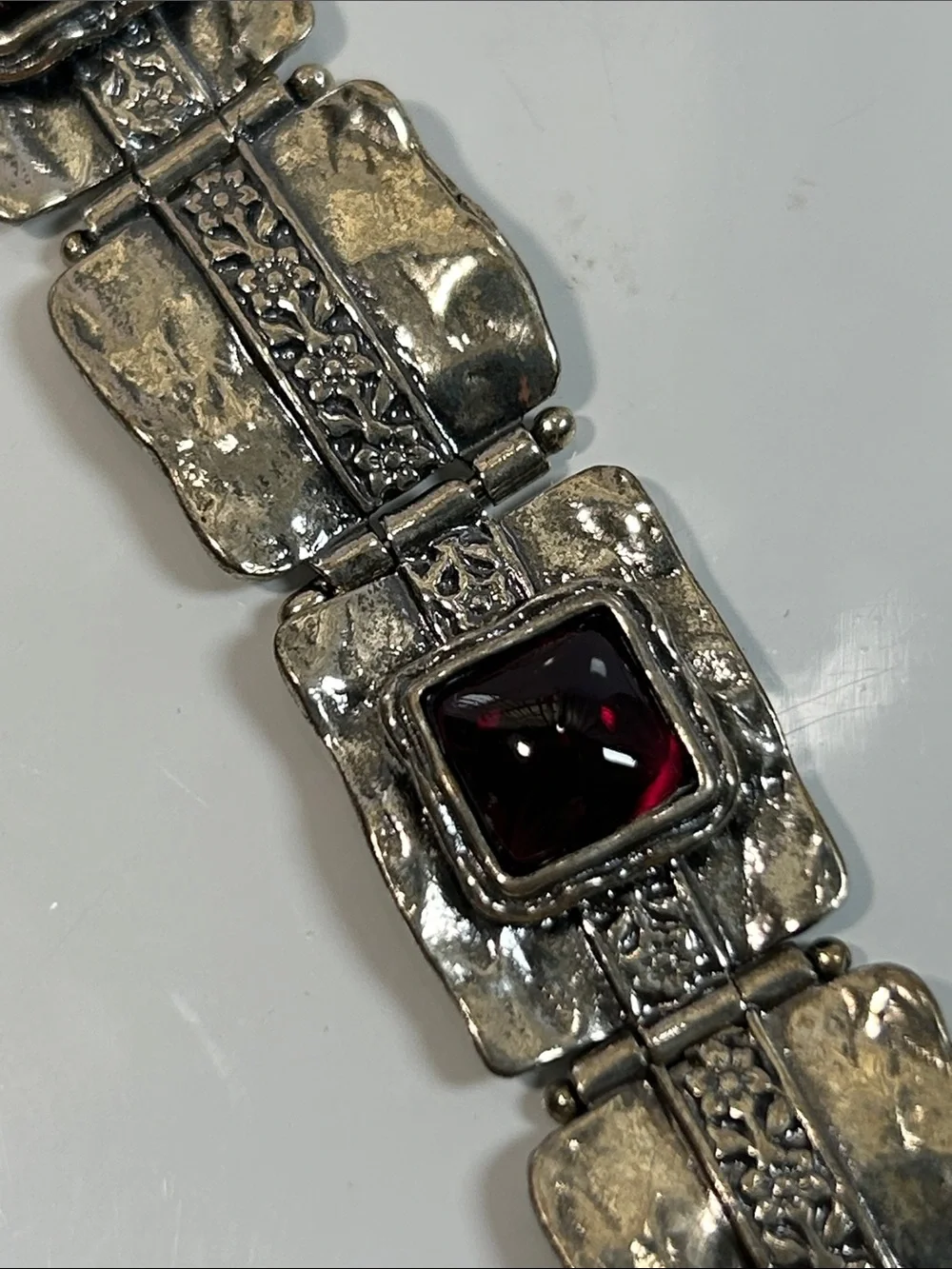 NWT Passage To Israel Hammered Panel Link Genuine Garnet Gemstone Bracelet
